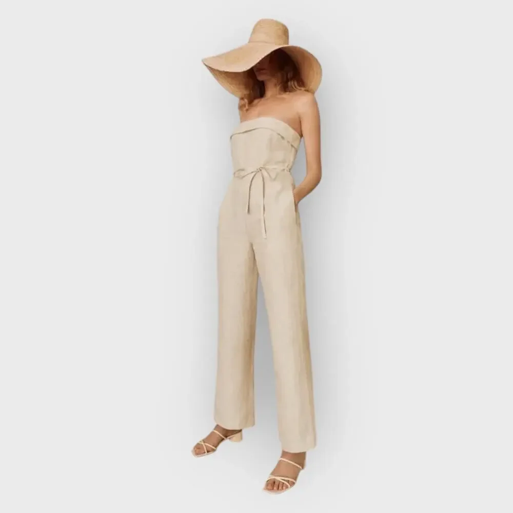 Reformation Oatmeal Size 6 Strapless Jumpsuit Linen Wide Leg Tie Waist Resort
